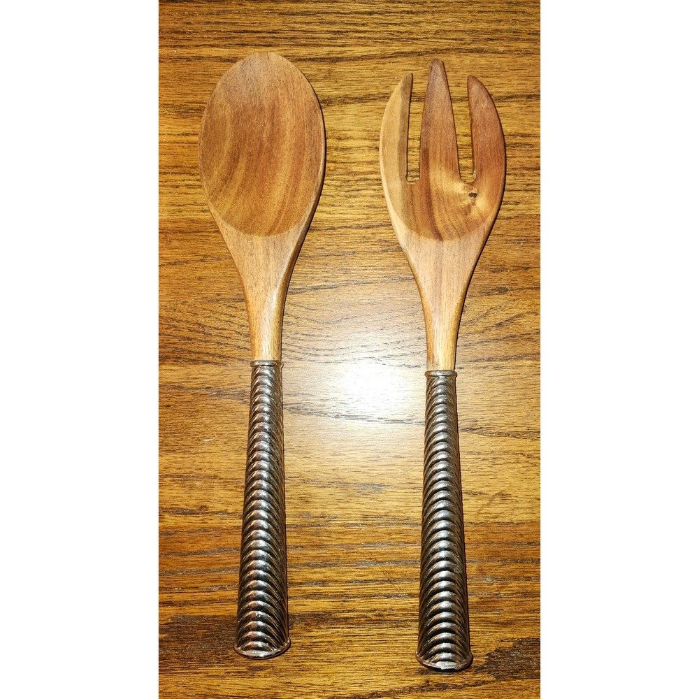 Reed & Barton Wood and Silver Tone Metal Ribbed Handle Salad Servers Set of 2